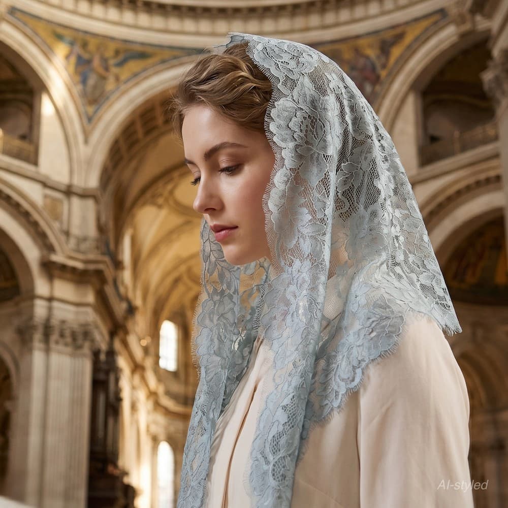 Rosaria Misty Green lace chapel veil