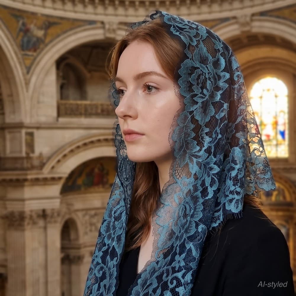 Rosaria Peacock Green lace chapel veil